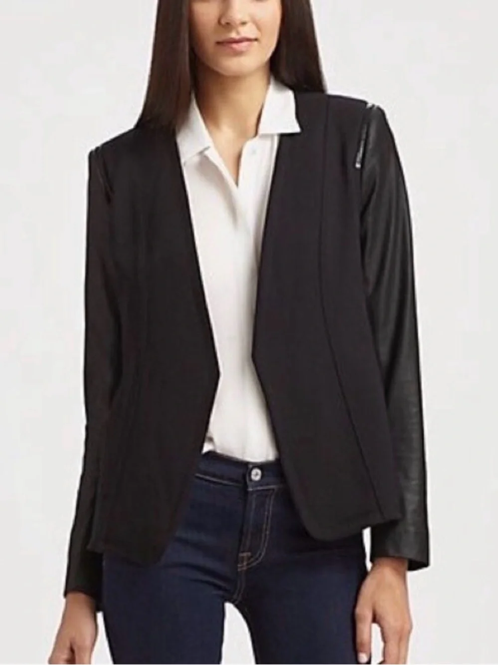 Theory Yaisa Black Open-Front Blazer Jacket with Leather Sleeves